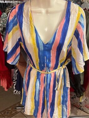 V-Neck Striped Romper in Blue, Pink & Yellow